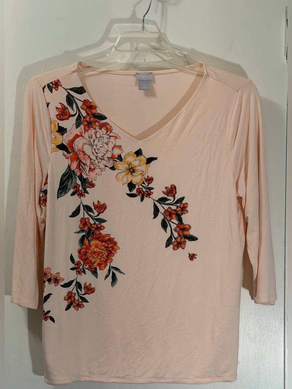 Chico's Blush Pink V-Neck Long Sleeve Top with Floral Print